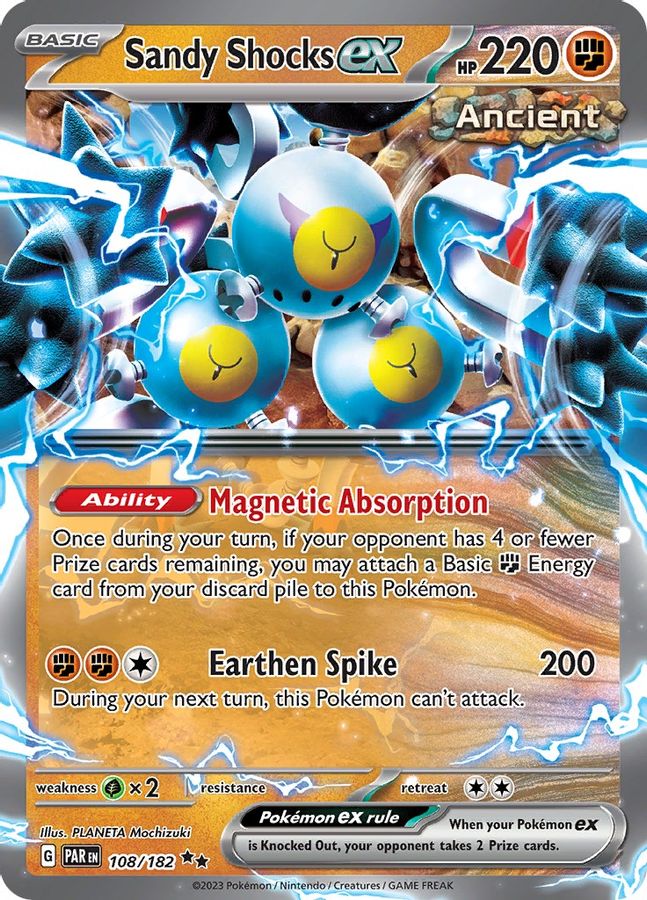 Buy Pokemon cards Australia - Sandy Shocks EX 108/182 - Premium Raw Card from Monster Mart - Pokémon Card Emporium - Shop now at Monster Mart - Pokémon Cards Australia. Double Rare, EX, MMB50, Paradox Rift