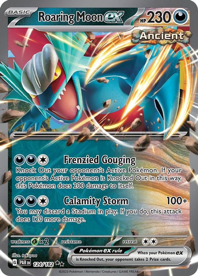 Buy Pokemon cards Australia - Roaring Moon EX 124/182 - Premium Raw Card from Monster Mart - Pokémon Card Emporium - Shop now at Monster Mart - Pokémon Cards Australia. Double Rare, EX, Paradox Rift