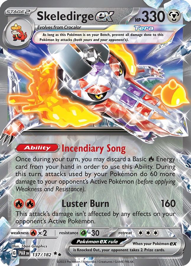 Buy Pokemon cards Australia - Skeledirge EX 137/182 - Premium Raw Card from Monster Mart - Pokémon Card Emporium - Shop now at Monster Mart - Pokémon Cards Australia. Double Rare, EX, MMB40, Paradox Rift