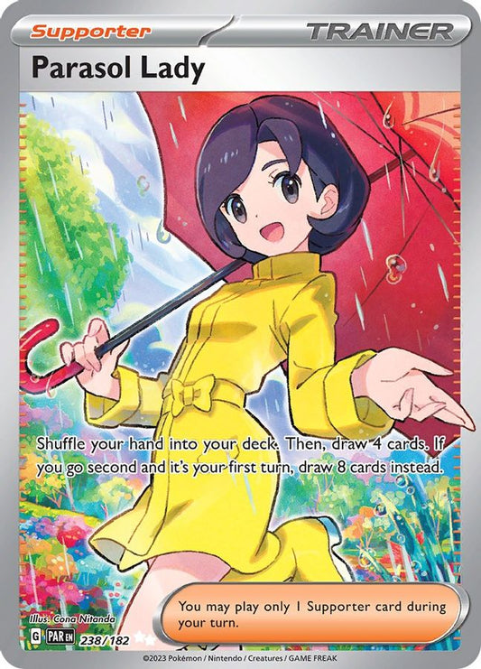Buy Pokemon cards Australia - Parasol Lady 238/182 - Premium Raw Card from Monster Mart - Pokémon Card Emporium - Shop now at Monster Mart - Pokémon Cards Australia. Paradox Rift, Trainer, Ultra Rare
