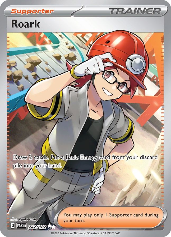 Buy Pokemon cards Australia - Roark 242/182 - Premium Raw Card from Monster Mart - Pokémon Card Emporium - Shop now at Monster Mart - Pokémon Cards Australia. Paradox Rift, Trainer, Ultra Rare