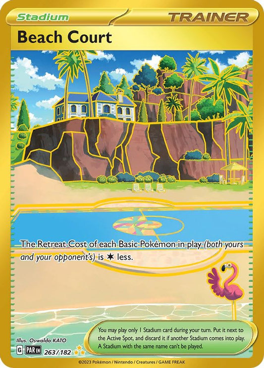 Buy Pokemon cards Australia - Beach Court 263/182 - Premium Raw Card from Monster Mart - Pokémon Card Emporium - Shop now at Monster Mart - Pokémon Cards Australia. Gold, Hyper Rare, Paradox Rift, Trainer