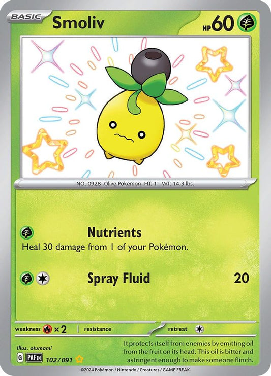 Buy Pokemon cards Australia - Smoliv 102/091 - Premium Raw Card from Monster Mart - Pokémon Card Emporium - Shop now at Monster Mart - Pokémon Cards Australia. Baby Shiny, New 27 Feb, Paldean Fates, Shiny Rare