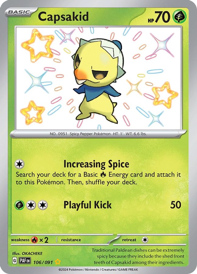 Buy Pokemon cards Australia - Capsakid 106/091 - Premium Raw Card from Monster Mart - Pokémon Card Emporium - Shop now at Monster Mart - Pokémon Cards Australia. Baby Shiny, MMB30, New 27 Feb, Paldean Fates, Shiny Rare