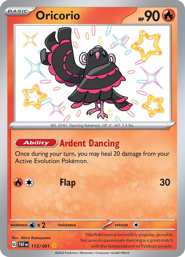 Buy Pokemon cards Australia - Oricorio 113/091 - Premium Raw Card from Monster Mart - Pokémon Card Emporium - Shop now at Monster Mart - Pokémon Cards Australia. Baby Shiny, Paldean Fates, Shiny Rare