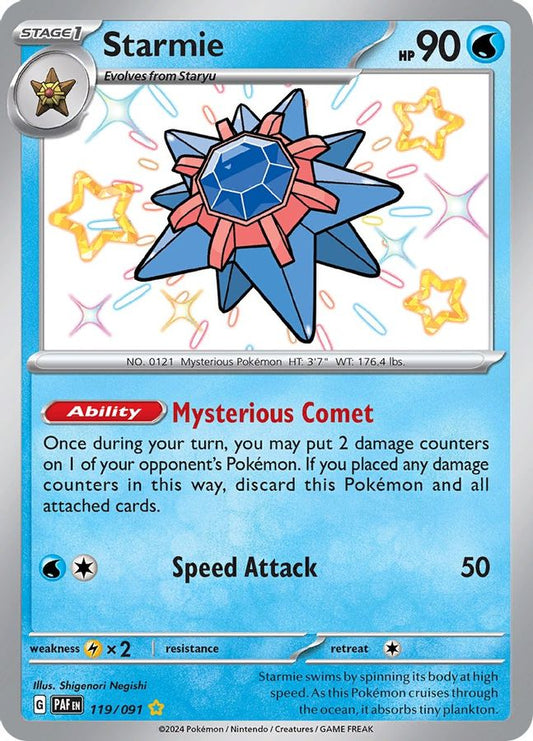 Buy Pokemon cards Australia - Starmie 119/091 - Premium Raw Card from Monster Mart - Pokémon Card Emporium - Shop now at Monster Mart - Pokémon Cards Australia. Baby Shiny, MMB20, Paldean Fates, Shiny Rare