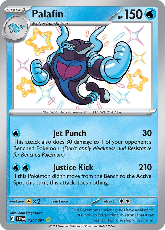 Buy Pokemon cards Australia - Palafin 124/091 - Premium Raw Card from Monster Mart - Pokémon Card Emporium - Shop now at Monster Mart - Pokémon Cards Australia. Baby Shiny, Paldean Fates, Shiny Rare