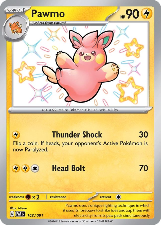 Buy Pokemon cards Australia - Pawmo 143/091 - Premium Raw Card from Monster Mart - Pokémon Card Emporium - Shop now at Monster Mart - Pokémon Cards Australia. Baby Shiny, New 27 Feb, Paldean Fates, Shiny Rare