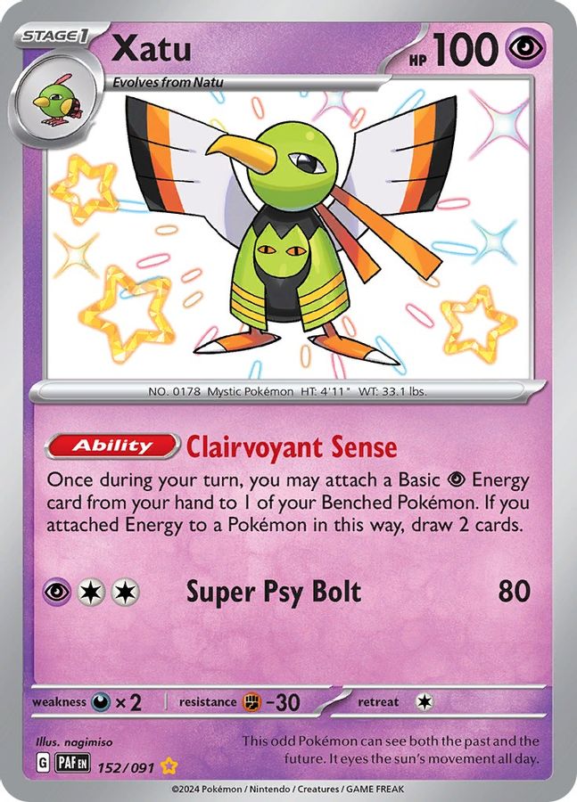 Buy Pokemon cards Australia - Xatu 152/091 - Premium Raw Card from Monster Mart - Pokémon Card Emporium - Shop now at Monster Mart - Pokémon Cards Australia. Baby Shiny, Paldean Fates, Shiny Rare