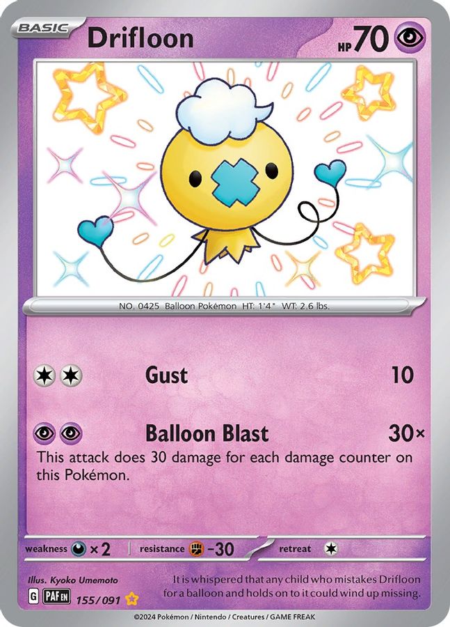 Buy Pokemon cards Australia - Drifloon 155/091 - Premium Raw Card from Monster Mart - Pokémon Card Emporium - Shop now at Monster Mart - Pokémon Cards Australia. Baby Shiny, Paldean Fates, Shiny Rare