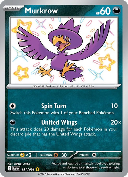 Buy Pokemon cards Australia - Murkrow 181/091 - Premium Raw Card from Monster Mart - Pokémon Card Emporium - Shop now at Monster Mart - Pokémon Cards Australia. Baby Shiny, Paldean Fates, Shiny Rare