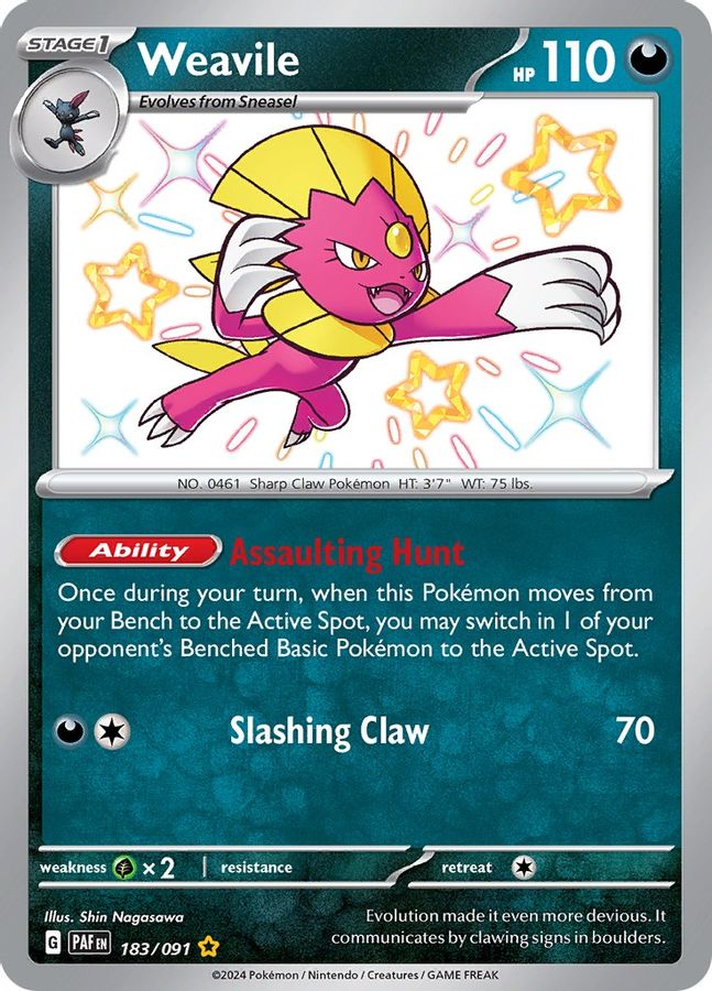 Buy Pokemon cards Australia - Weavile 183/091 - Premium Raw Card from Monster Mart - Pokémon Card Emporium - Shop now at Monster Mart - Pokémon Cards Australia. Baby Shiny, Paldean Fates, Shiny Rare