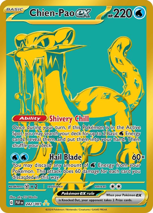 Buy Pokemon cards Australia - Chien-Pao EX 242/091 - Premium Raw Card from Monster Mart - Pokémon Card Emporium - Shop now at Monster Mart - Pokémon Cards Australia. EX, Gold, Hyper Rare, MMB20, Paldean Fates