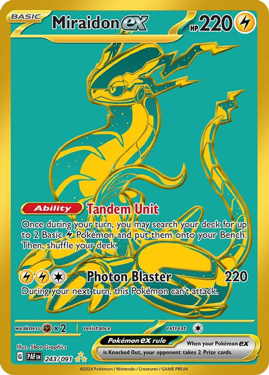 Buy Pokemon cards Australia - Miraidon EX 243/091 - Premium Raw Card from Monster Mart - Pokémon Card Emporium - Shop now at Monster Mart - Pokémon Cards Australia. EX, Gold, Hyper Rare, MMB20, New 19 Mar, Paldean Fates