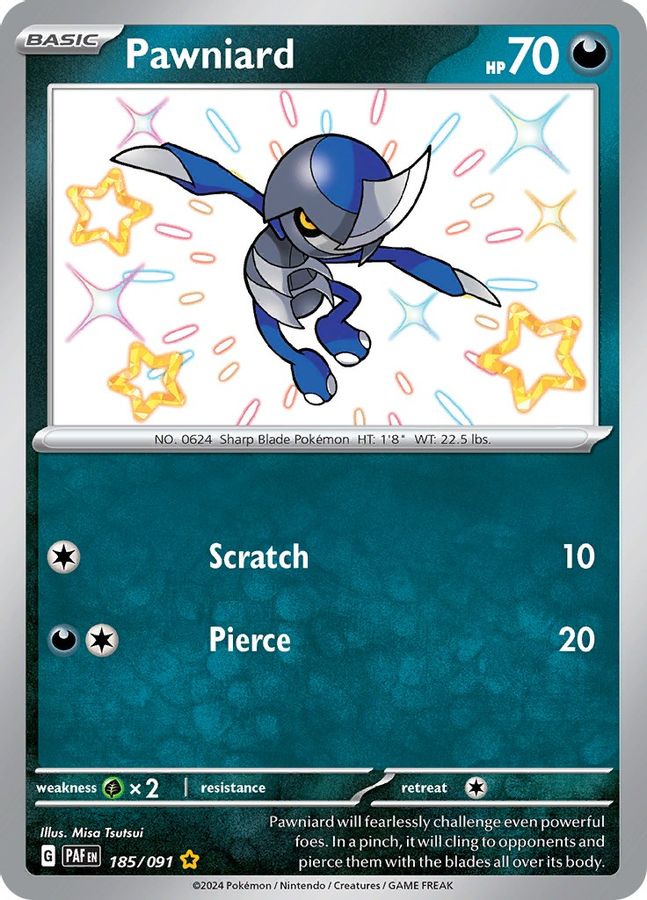 Buy Pokemon cards Australia - Pawniard 185/091 - Premium Raw Card from Monster Mart - Pokémon Card Emporium - Shop now at Monster Mart - Pokémon Cards Australia. Baby Shiny, Paldean Fates, Shiny Rare