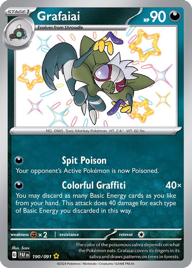 Buy Pokemon cards Australia - Grafaiai 190/091 - Premium Raw Card from Monster Mart - Pokémon Card Emporium - Shop now at Monster Mart - Pokémon Cards Australia. Baby Shiny, Paldean Fates, Shiny Rare