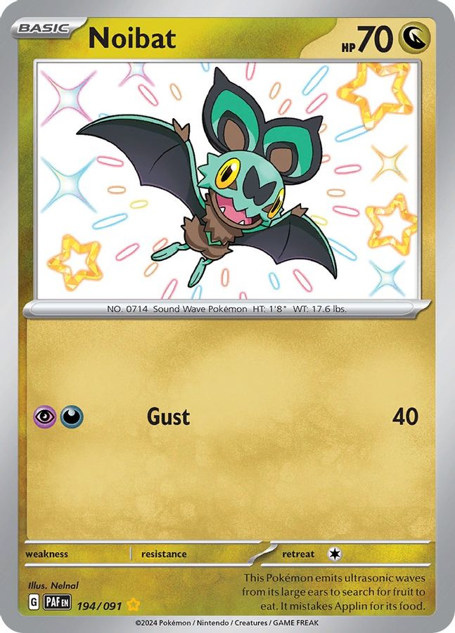 Buy Pokemon cards Australia - Noibat 194/091 - Premium Raw Card from Monster Mart - Pokémon Card Emporium - Shop now at Monster Mart - Pokémon Cards Australia. Baby Shiny, MMB10, Paldean Fates, Shiny Rare