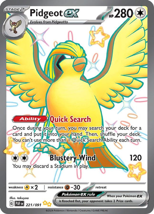 Buy Pokemon cards Australia - Pidgeot EX 221/091 - Premium Raw Card from Monster Mart - Pokémon Card Emporium - Shop now at Monster Mart - Pokémon Cards Australia. EX, MMB30, Paldean Fates, Shiny Ultra Rare